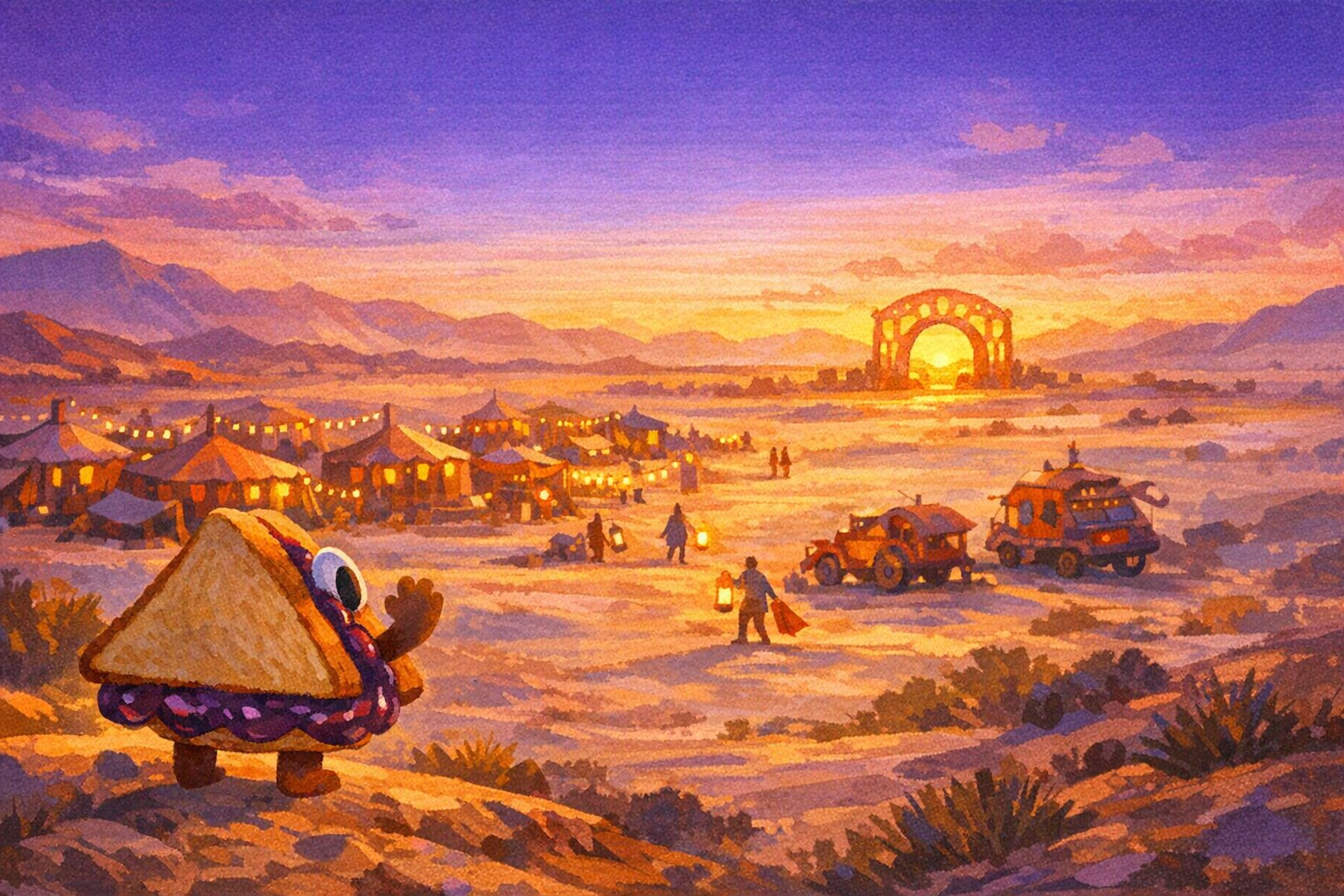 A friendly sandwich with one big googly eye looks back over its shoulder,
            waving, at the edge of a warm desert basin at sunset — strings of lights
            over a cluster of camps, two art cars, small figures carrying lanterns,
            and a glowing arch on the horizon.